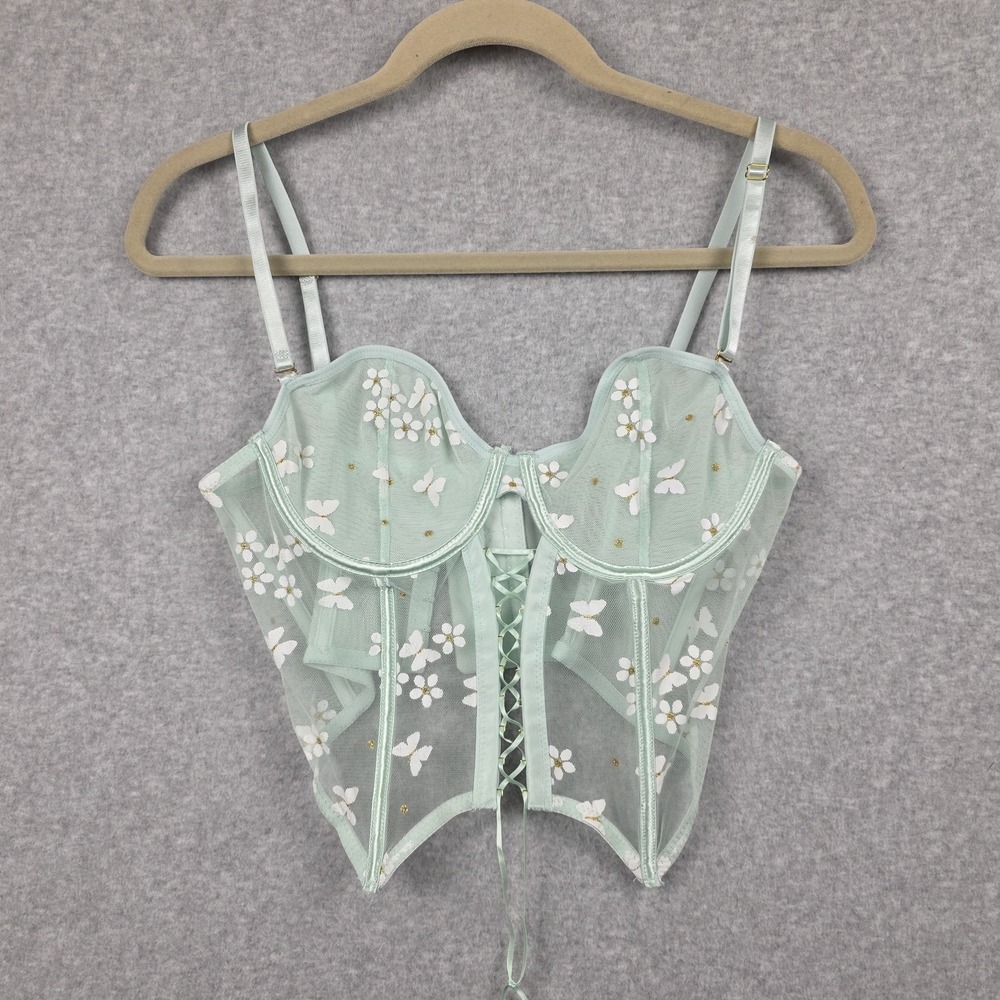 Mesh Floral‎ Bustier Corset Top Womens Medium Green Sheer Lace Up Butterfly